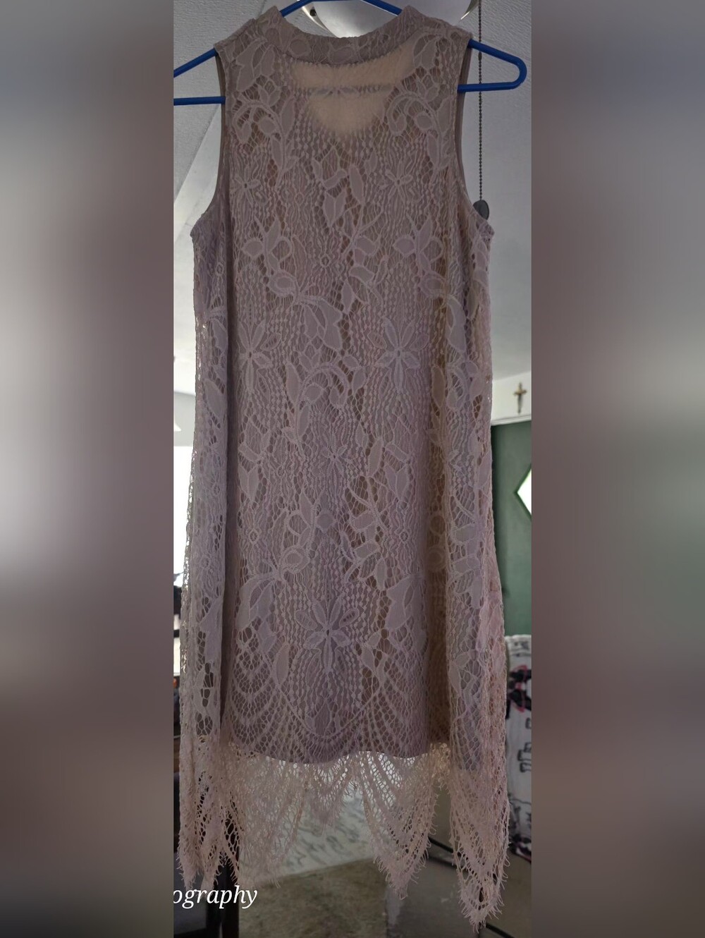 Lace Overlay Sleeveless Tunic Dress - Blush With frazzled Bottom